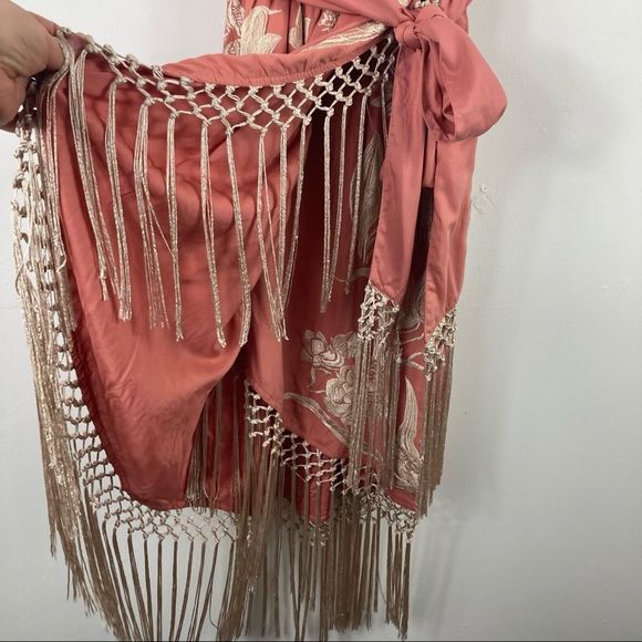 Anthropologie Pink Floral Embroidered Fringe Wrap Midi Dress Size 2P - Picture 9 of 16